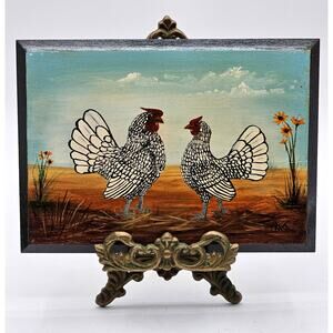Hand-Painted White Rooster & Chicken Farmhouse Wall Art - 5x7 Wood Artist Signed